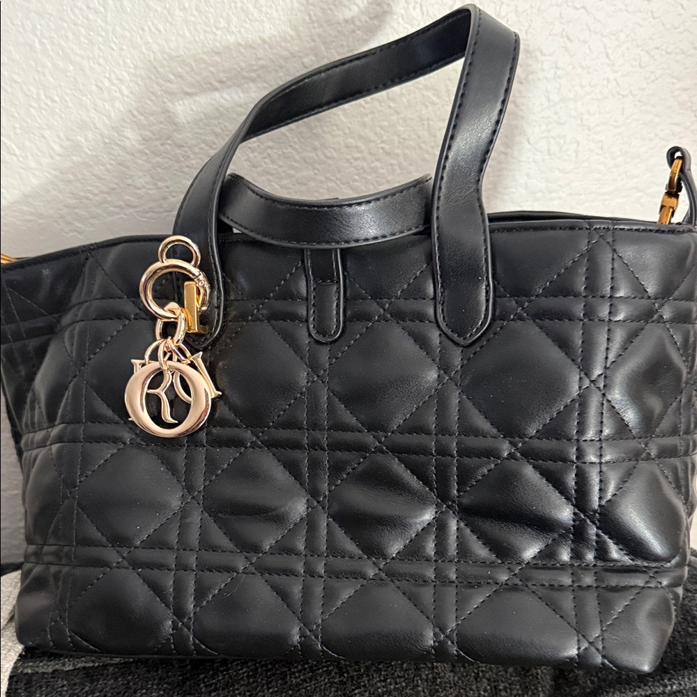 Black Quilted Leather Tote Handbag with Gold Charm